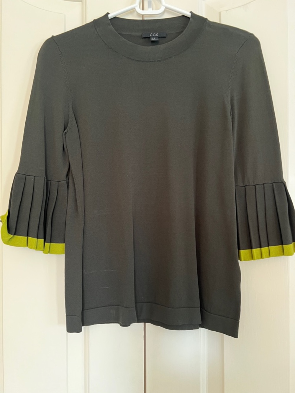 COS Olive Green Knit Top with Lime Pleated Cuffs
Size XS